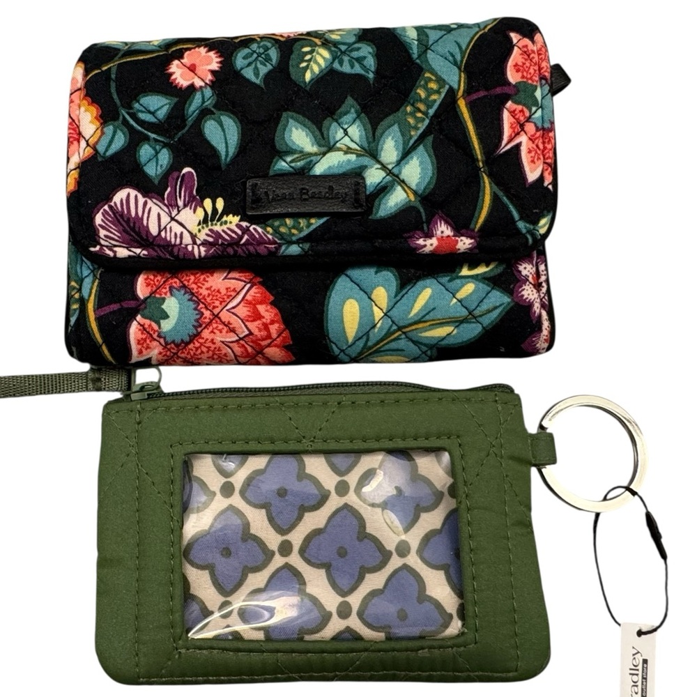 Vera Bradley Vines Black Floral Quilted Wallet with Olive Green ID Card Holder
